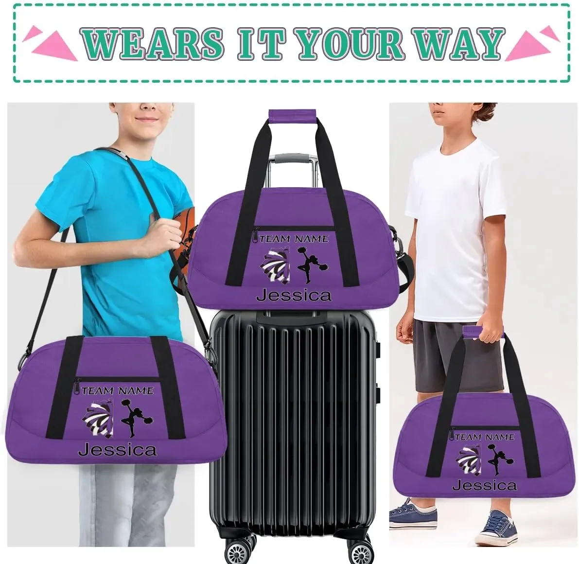Personalized Cheer Duffle Bag for Cheerleaders, Custom Cheerleading Gym Bag for Women, Cheer Duffel Bag with Name Overnight Weekender Bags, Dark Purple