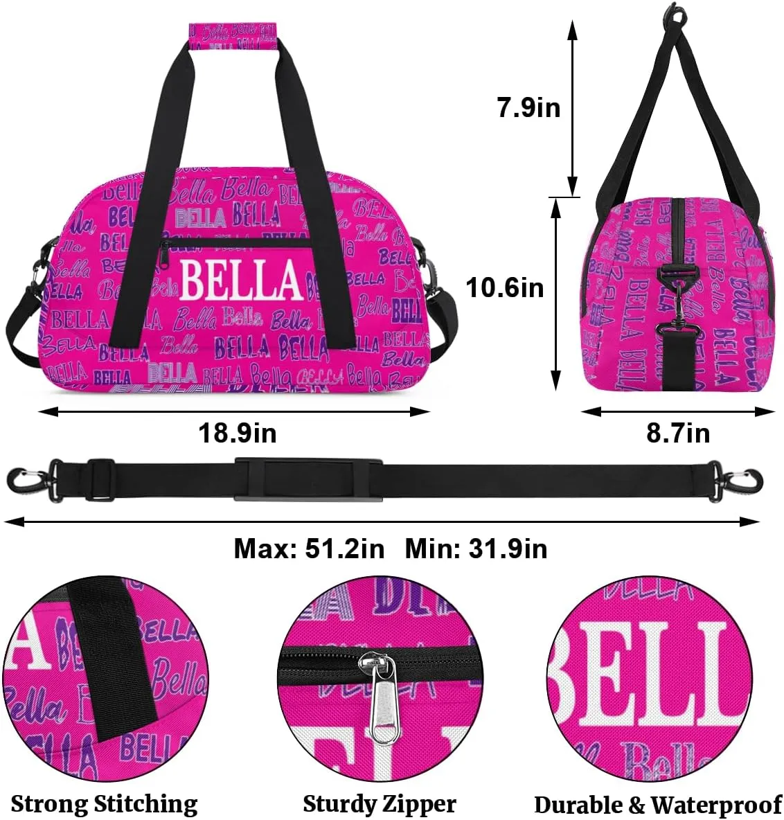 Personalized Cheerleaders Bag Dance Bag, Custom Name Sport Fitness Duffle Gym Bag Travel Weekender Lightweight Swim Bags, Bright Pink Color