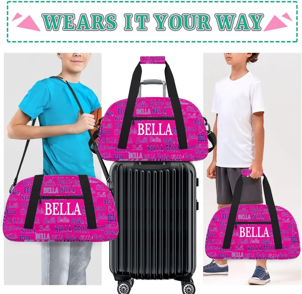 Personalized Cheerleaders Bag Dance Bag, Custom Name Sport Fitness Duffle Gym Bag Travel Weekender Lightweight Swim Bags, Bright Pink Color