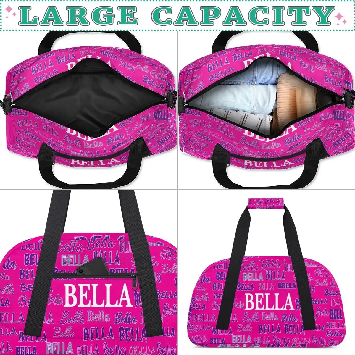 Personalized Cheerleaders Bag Dance Bag, Custom Name Sport Fitness Duffle Gym Bag Travel Weekender Lightweight Swim Bags, Bright Pink Color