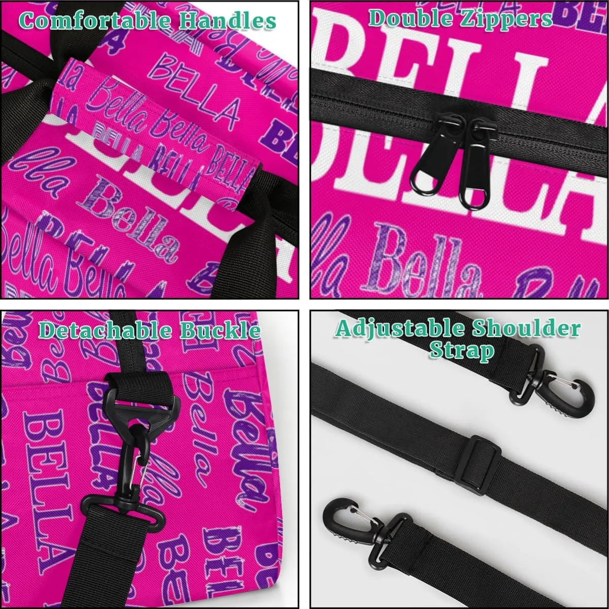 Personalized Cheerleaders Bag Dance Bag, Custom Name Sport Fitness Duffle Gym Bag Travel Weekender Lightweight Swim Bags, Bright Pink Color