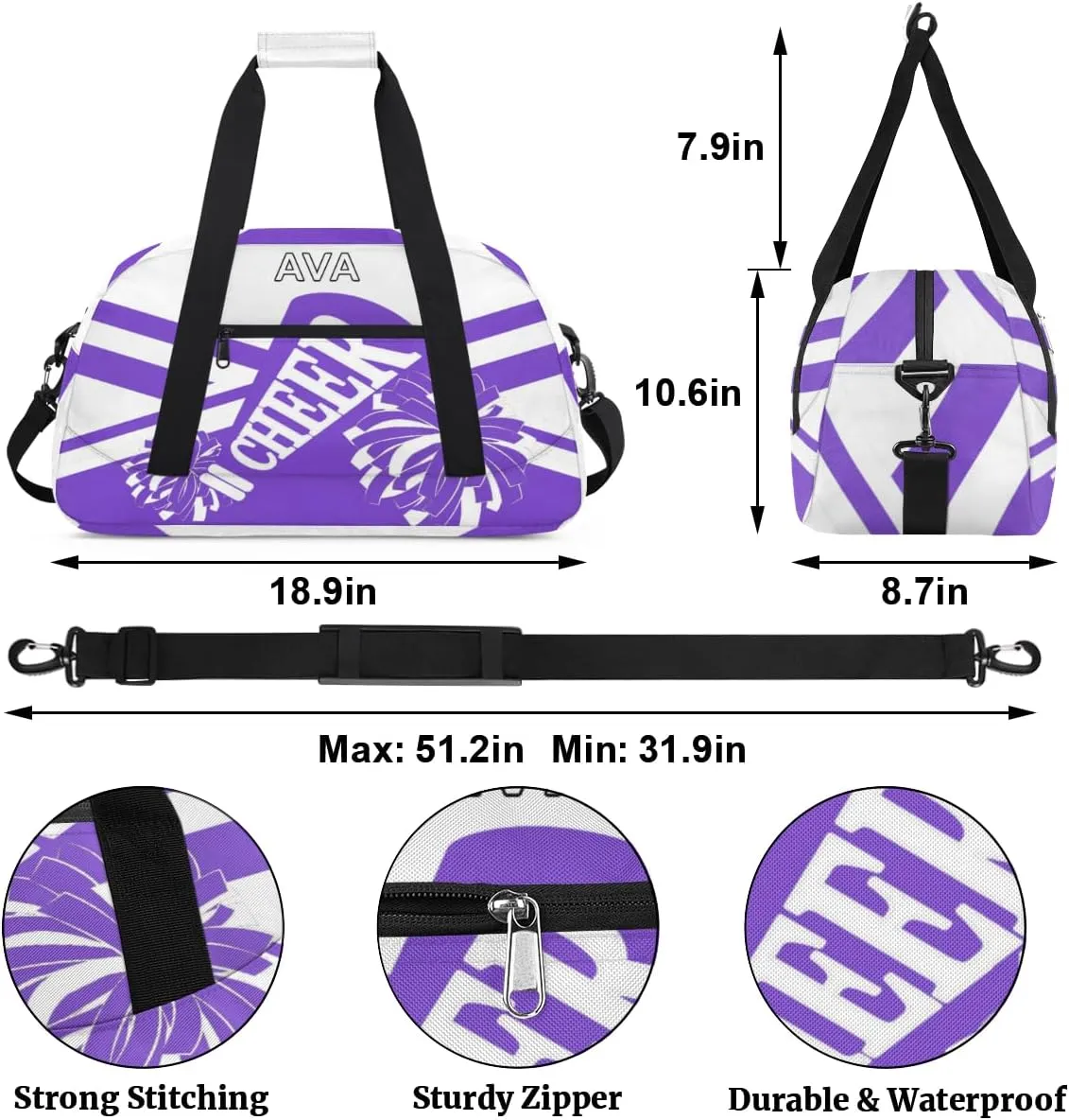 Personalized Cheerleading Bag Dance Bag Girl Boy, Custom Gym Bag Sport Duffel Bag Weekender Bags Travel Duffel Bag, Purple