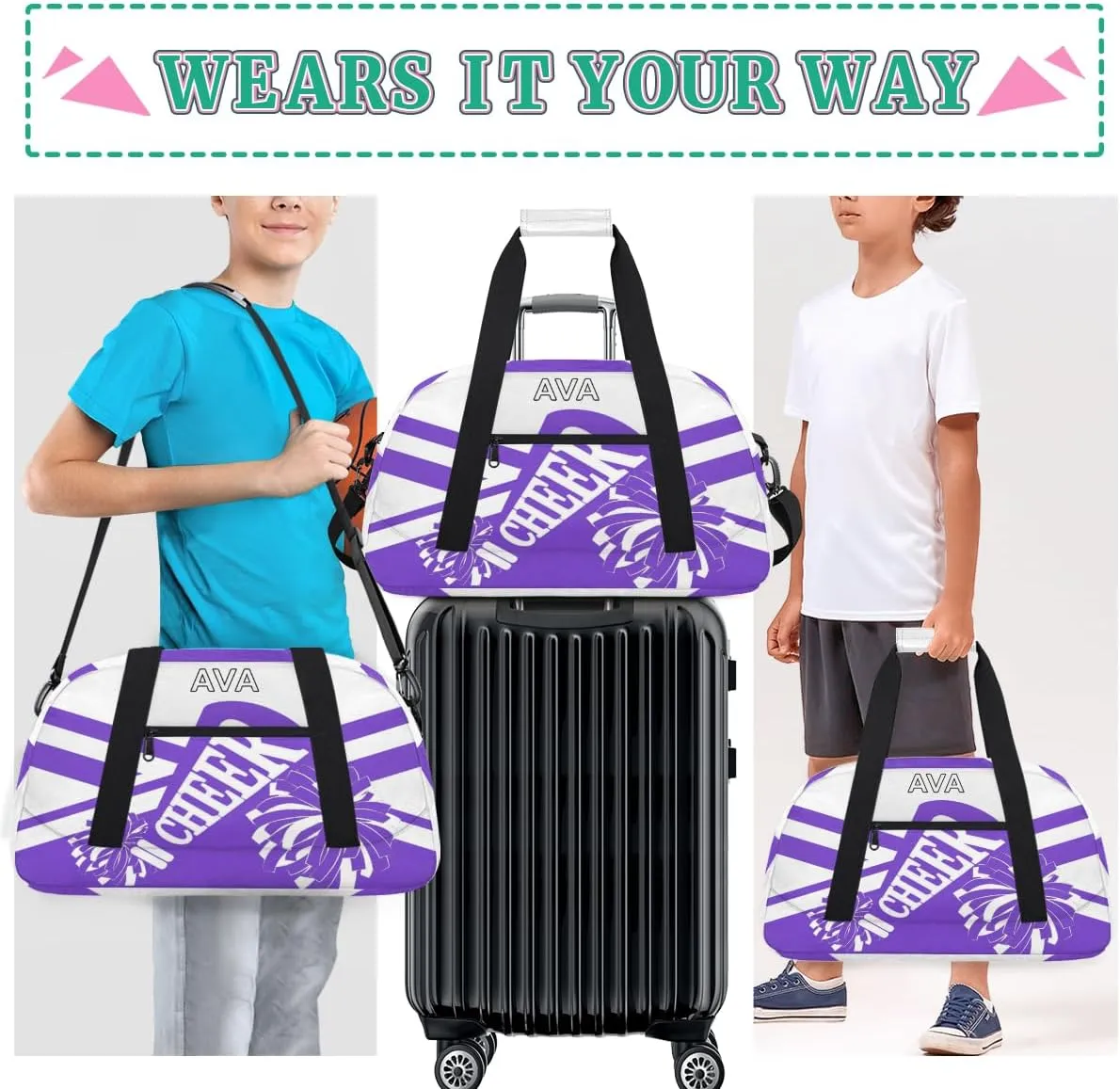 Personalized Cheerleading Bag Dance Bag Girl Boy, Custom Gym Bag Sport Duffel Bag Weekender Bags Travel Duffel Bag, Purple