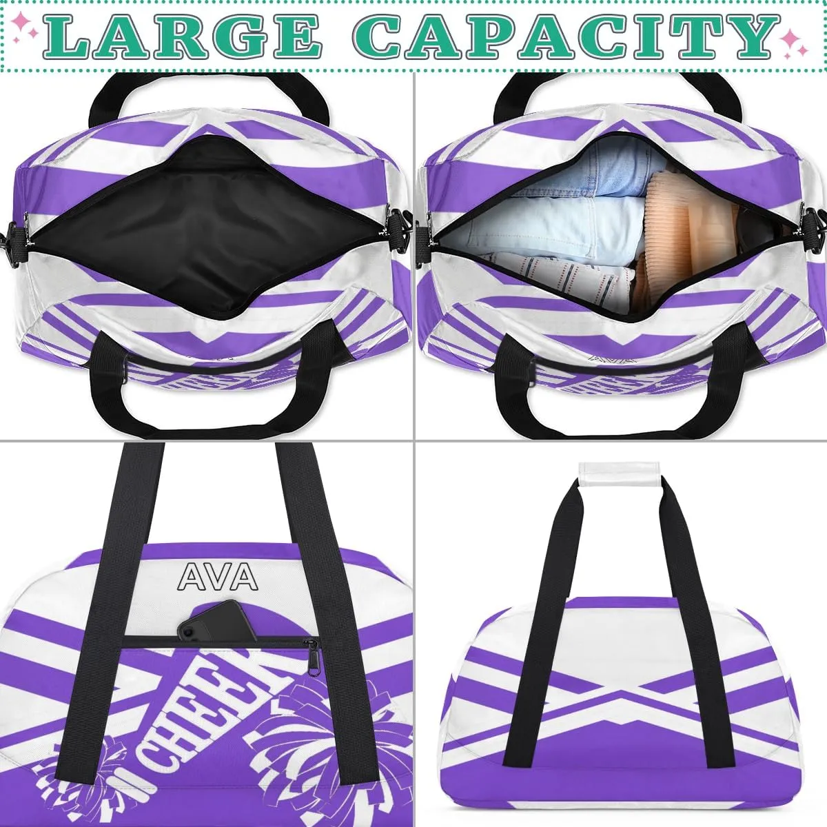 Personalized Cheerleading Bag Dance Bag Girl Boy, Custom Gym Bag Sport Duffel Bag Weekender Bags Travel Duffel Bag, Purple