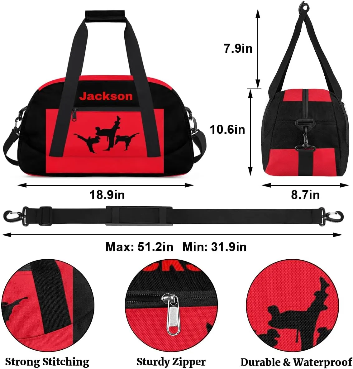 Personalized Custom Kids Duffel Bags for Boys Teen Girls, Customized Sports Gym Bag Travel Duffle Bag, Overnight Weekender Sleepover Bag, Martial Arts Taekwondo Red Section 12