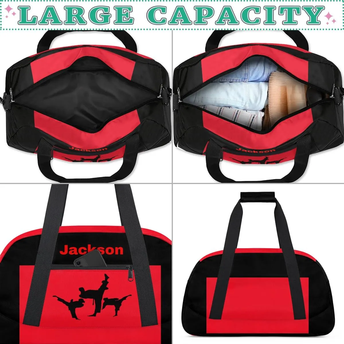 Personalized Custom Kids Duffel Bags for Boys Teen Girls, Customized Sports Gym Bag Travel Duffle Bag, Overnight Weekender Sleepover Bag, Martial Arts Taekwondo Red Section 12