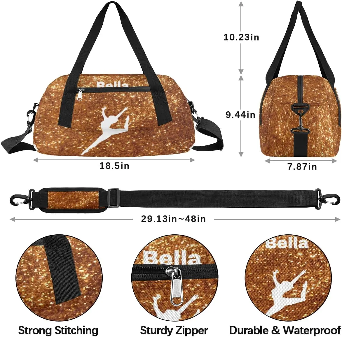 Personalized Custom Kids Duffel Bags, Personalized Customized Sports Gym Bag Travel Duffle Bag Girls Dance Bag Overnight Weekender Sleepover Carry On Tote Bag for Girls, Golden Glitter 25