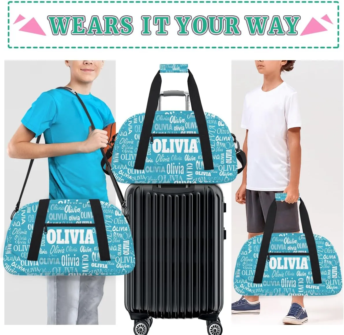 Personalized Dance Bag, Cheerleader Bag Gym Sport Duffel Bag Weekender Bags Travel Duffel Bag, Dark Turquoise Blue Solid Color