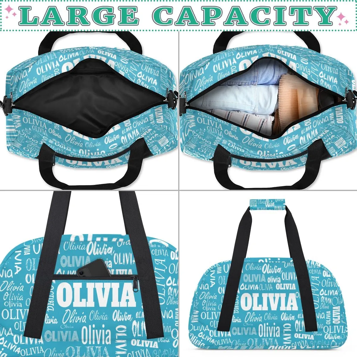 Personalized Dance Bag, Cheerleader Bag Gym Sport Duffel Bag Weekender Bags Travel Duffel Bag, Dark Turquoise Blue Solid Color
