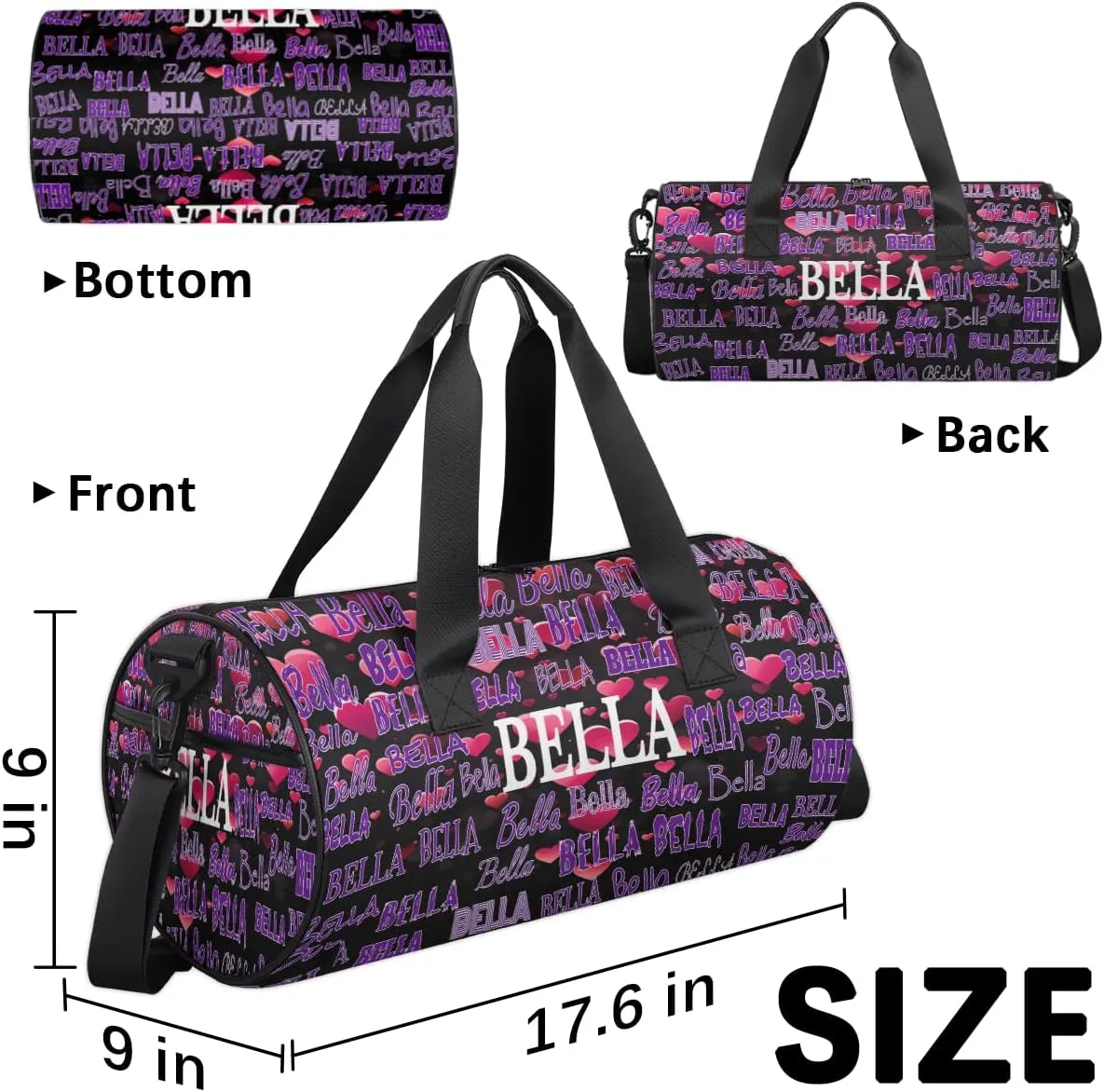 Personalized Dance Bag for Girls Teens, Custom Sports Gym Bag Name Ranked Overnight Duffel Bag for Practice Gymnastics Ballet Bag, Pink Love Hearts Pattern