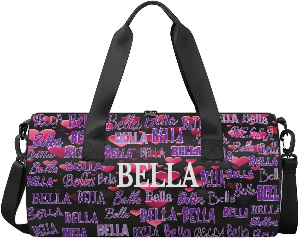 Personalized Dance Bag for Girls Teens, Custom Sports Gym Bag Name Ranked Overnight Duffel Bag for Practice Gymnastics Ballet Bag, Pink Love Hearts Pattern