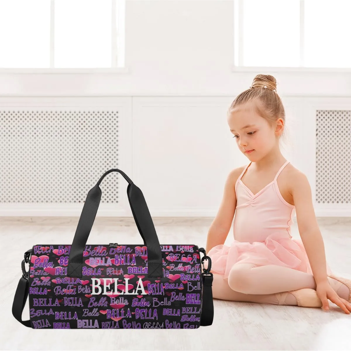 Personalized Dance Bag for Girls Teens, Custom Sports Gym Bag Name Ranked Overnight Duffel Bag for Practice Gymnastics Ballet Bag, Pink Love Hearts Pattern