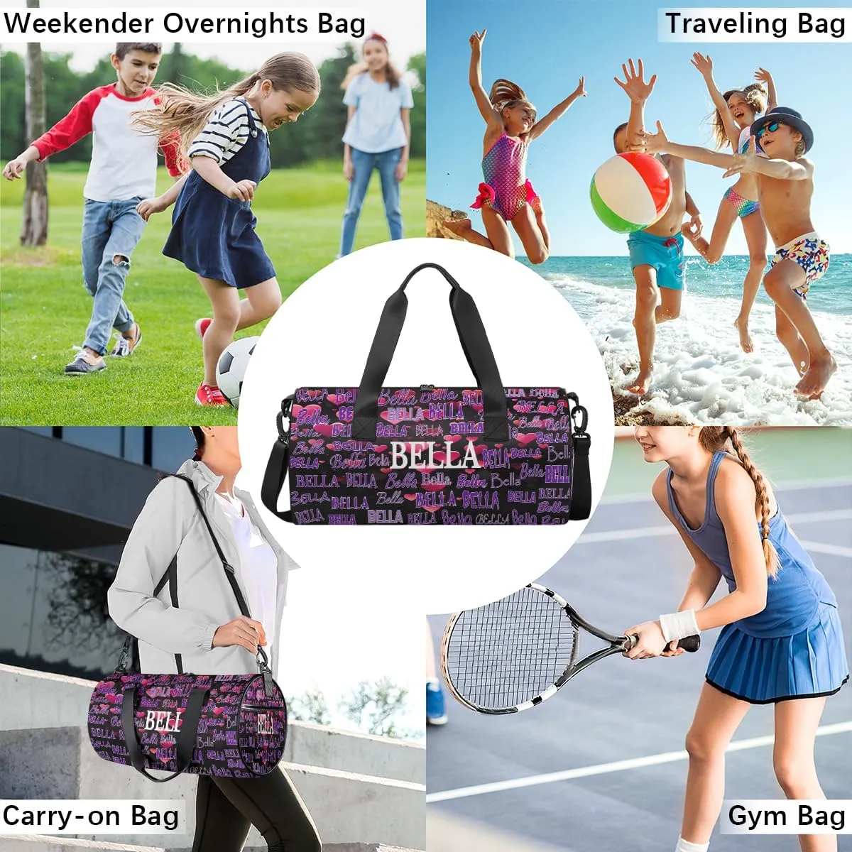 Personalized Dance Bag for Girls Teens, Custom Sports Gym Bag Name Ranked Overnight Duffel Bag for Practice Gymnastics Ballet Bag, Pink Love Hearts Pattern