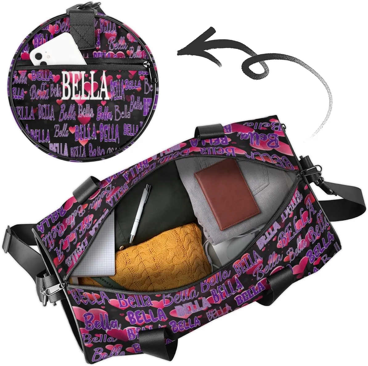 Personalized Dance Bag for Girls Teens, Custom Sports Gym Bag Name Ranked Overnight Duffel Bag for Practice Gymnastics Ballet Bag, Pink Love Hearts Pattern