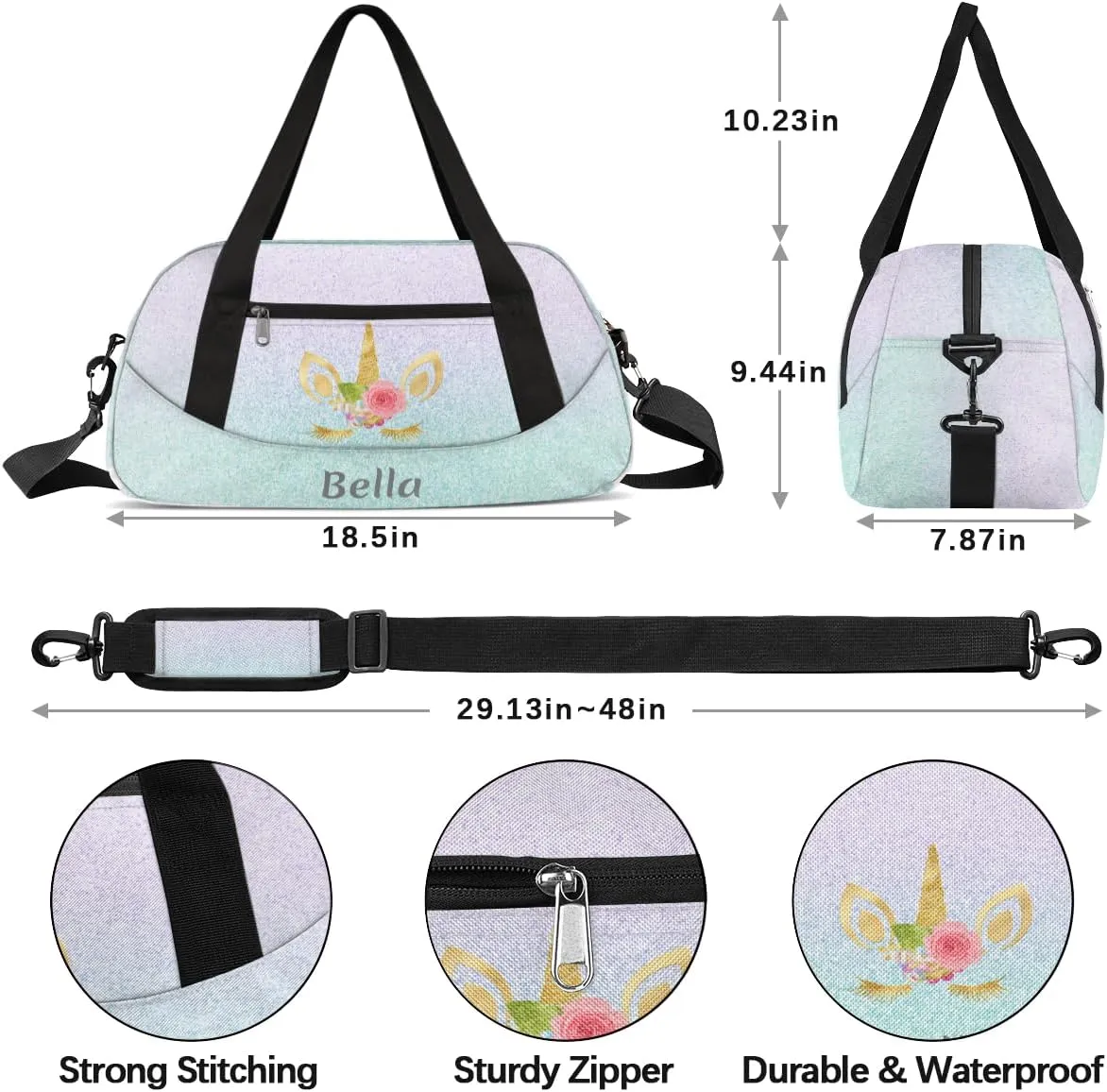 Personalized Dance Bag Gym Bag for Girl, Custom Sport Duffel Bag Weekender Bags Travel Duffel Bag Gold Unicorn Pink Purple