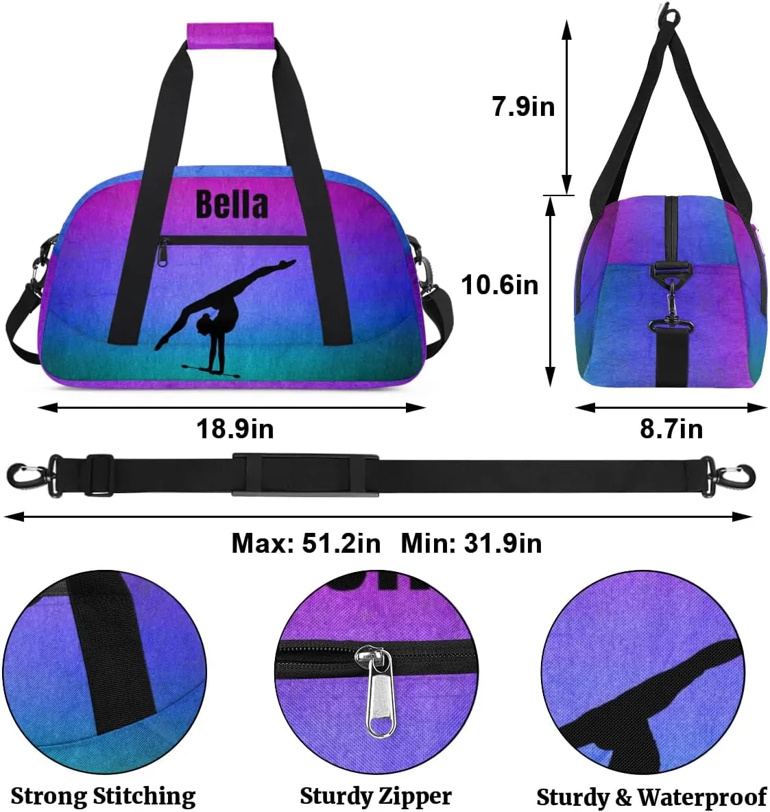 Personalized Dance Bag Gym Bag for Girl,Custom Sport Duffel Bag Weekender Bags Travel Duffel Bag Gymnastics Dark Purple Smudge
