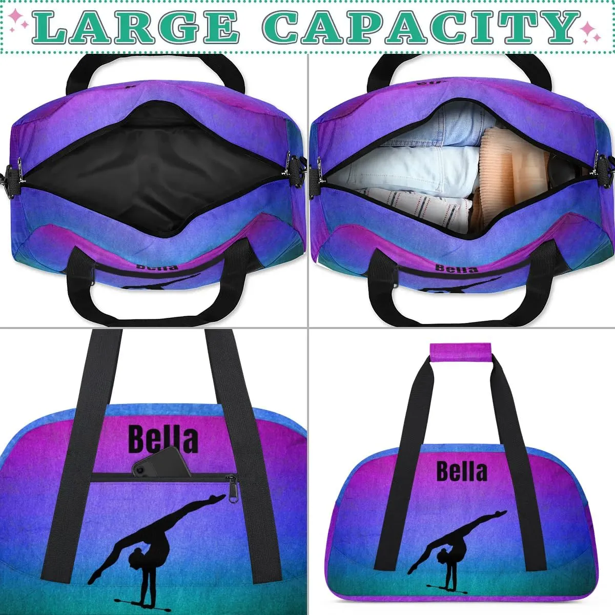Personalized Dance Bag Gym Bag for Girl,Custom Sport Duffel Bag Weekender Bags Travel Duffel Bag Gymnastics Dark Purple Smudge