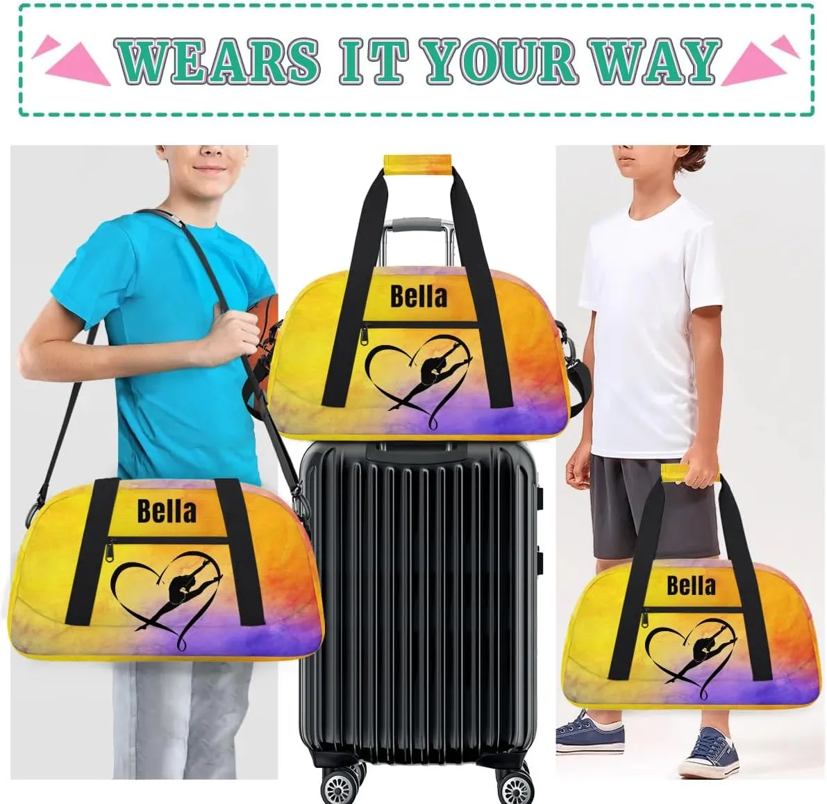 Personalized Dance Bag Gym Bag for Girl,Custom Sport Duffel Bag Weekender Bags Travel Duffel Bag Gymnastics Yellow Purple, Option 3