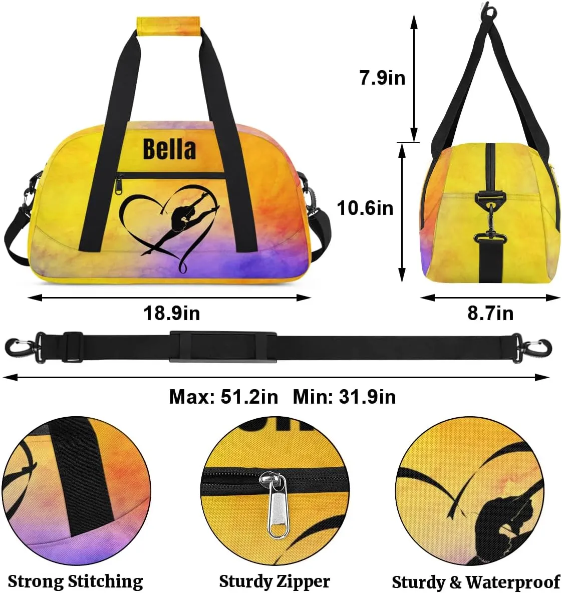 Personalized Dance Bag Gym Bag for Girl,Custom Sport Duffel Bag Weekender Bags Travel Duffel Bag Gymnastics Yellow Purple, Option 3