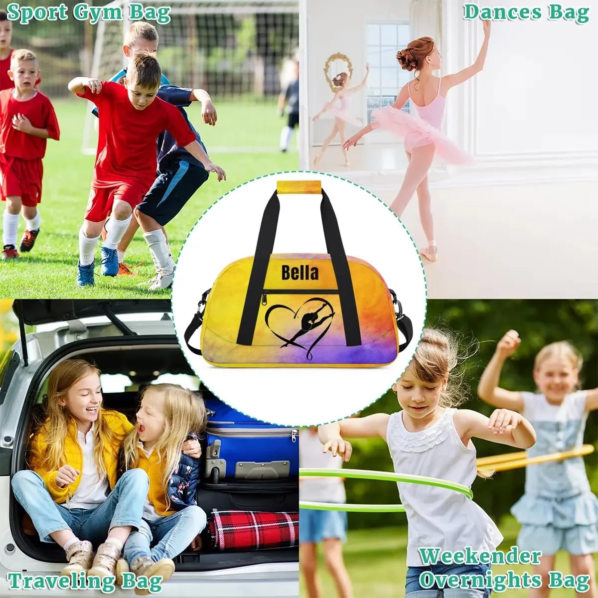 Personalized Dance Bag Gym Bag for Girl,Custom Sport Duffel Bag Weekender Bags Travel Duffel Bag Gymnastics Yellow Purple, Option 3