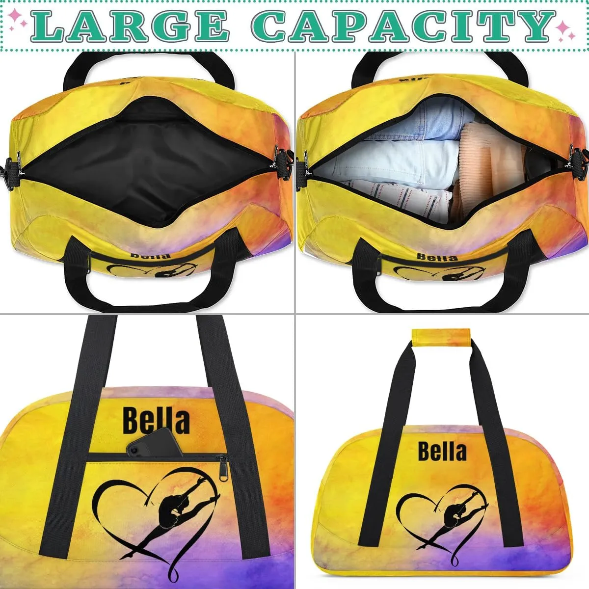 Personalized Dance Bag Gym Bag for Girl,Custom Sport Duffel Bag Weekender Bags Travel Duffel Bag Gymnastics Yellow Purple, Option 3
