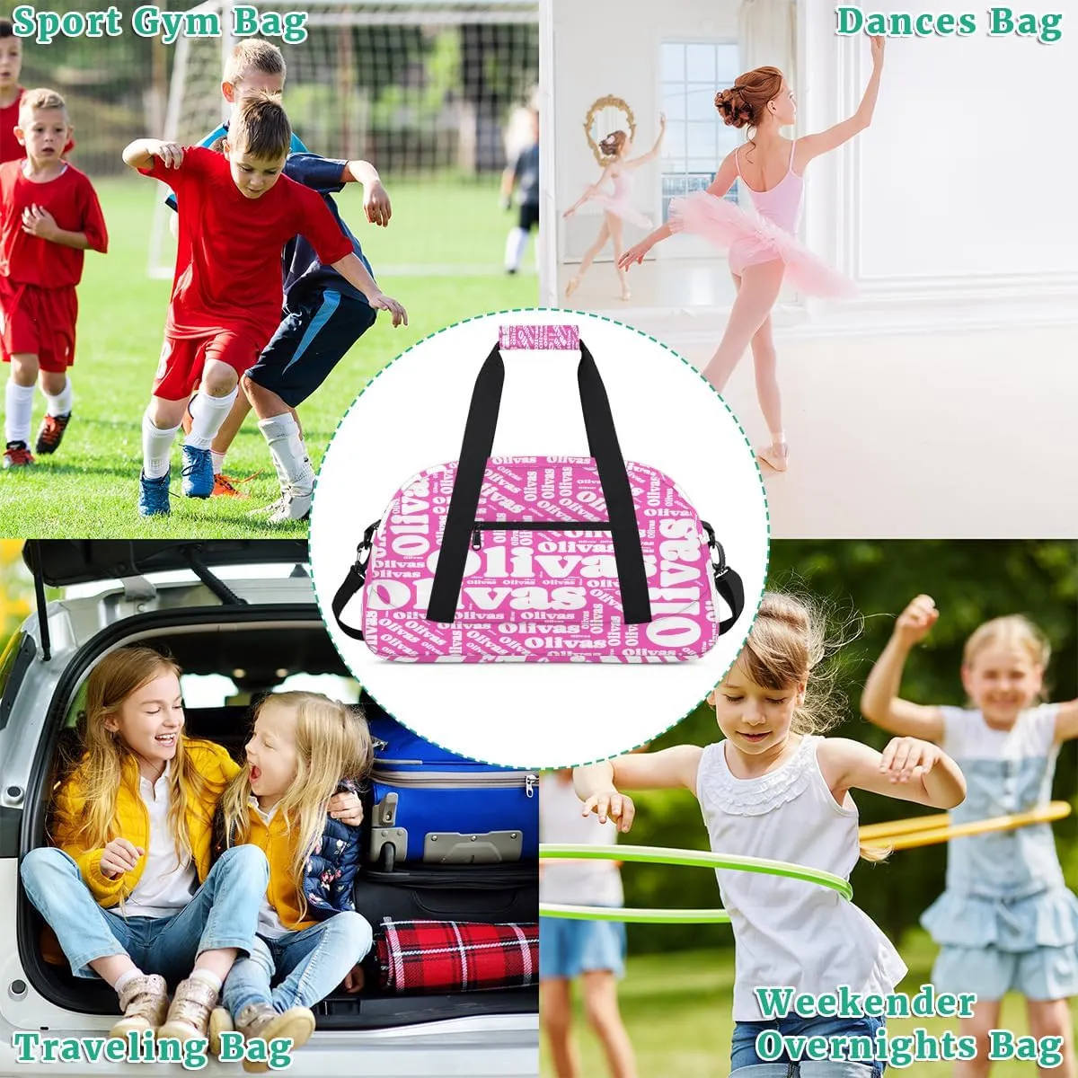 Personalized Dance Bag Gymnastics Bag for Girl, Custom Sport Duffel Bag for Boy, Kids Gym Bag Weekender Bags for Travel Sport White