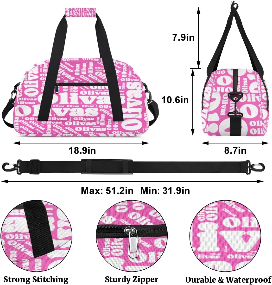 Personalized Dance Bag Gymnastics Bag for Girl, Custom Sport Duffel Bag for Boy, Kids Gym Bag Weekender Bags for Travel Sport White