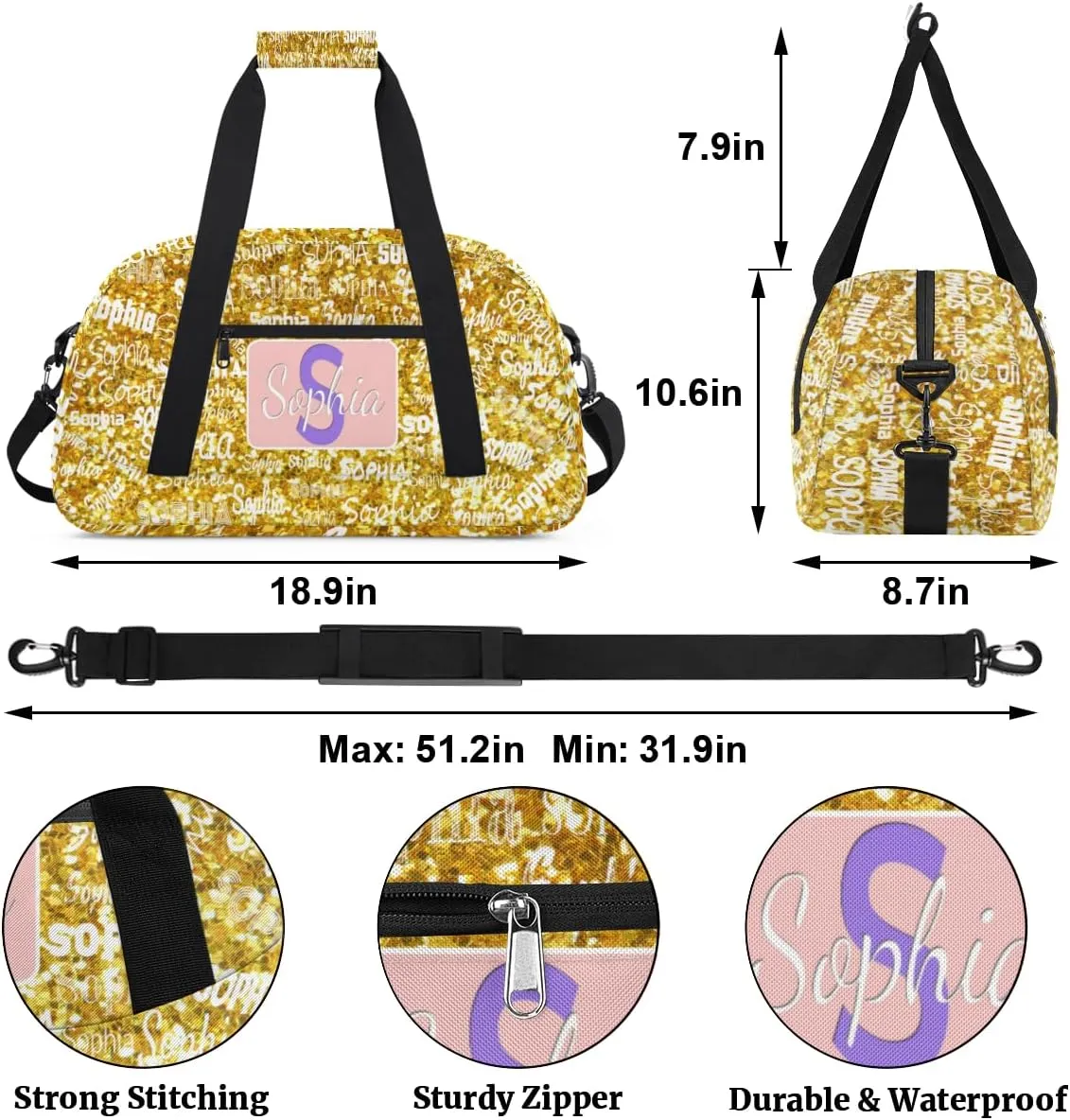 Personalized Dance Bag Sports Gym Bag for Girl, Custom Sport Duffel Bag Weekender Bags Travel Duffel Bag, Gold Glitter