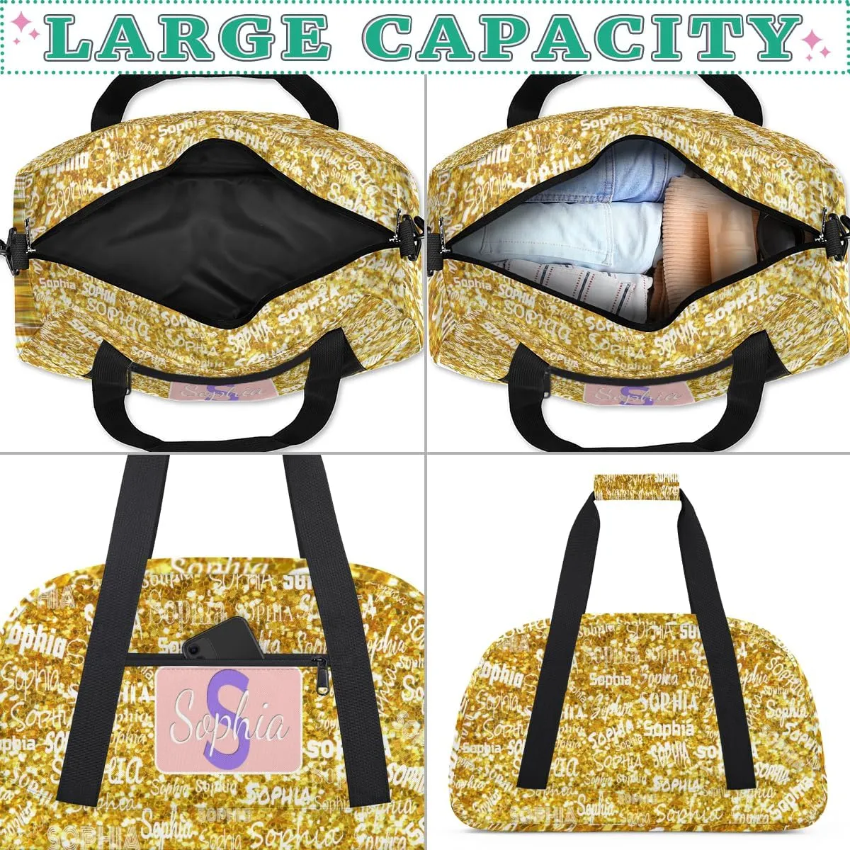Personalized Dance Bag Sports Gym Bag for Girl, Custom Sport Duffel Bag Weekender Bags Travel Duffel Bag, Gold Glitter