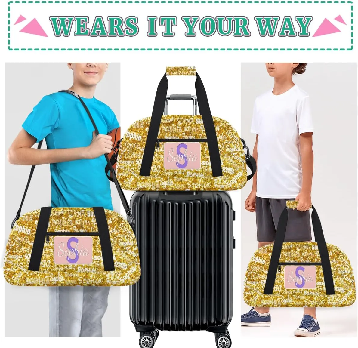 Personalized Dance Bag Sports Gym Bag for Girl, Custom Sport Duffel Bag Weekender Bags Travel Duffel Bag, Gold Glitter