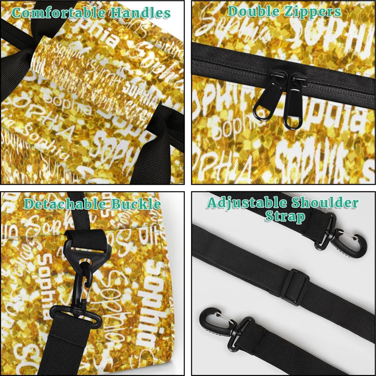 Personalized Dance Bag Sports Gym Bag for Girl, Custom Sport Duffel Bag Weekender Bags Travel Duffel Bag, Gold Glitter