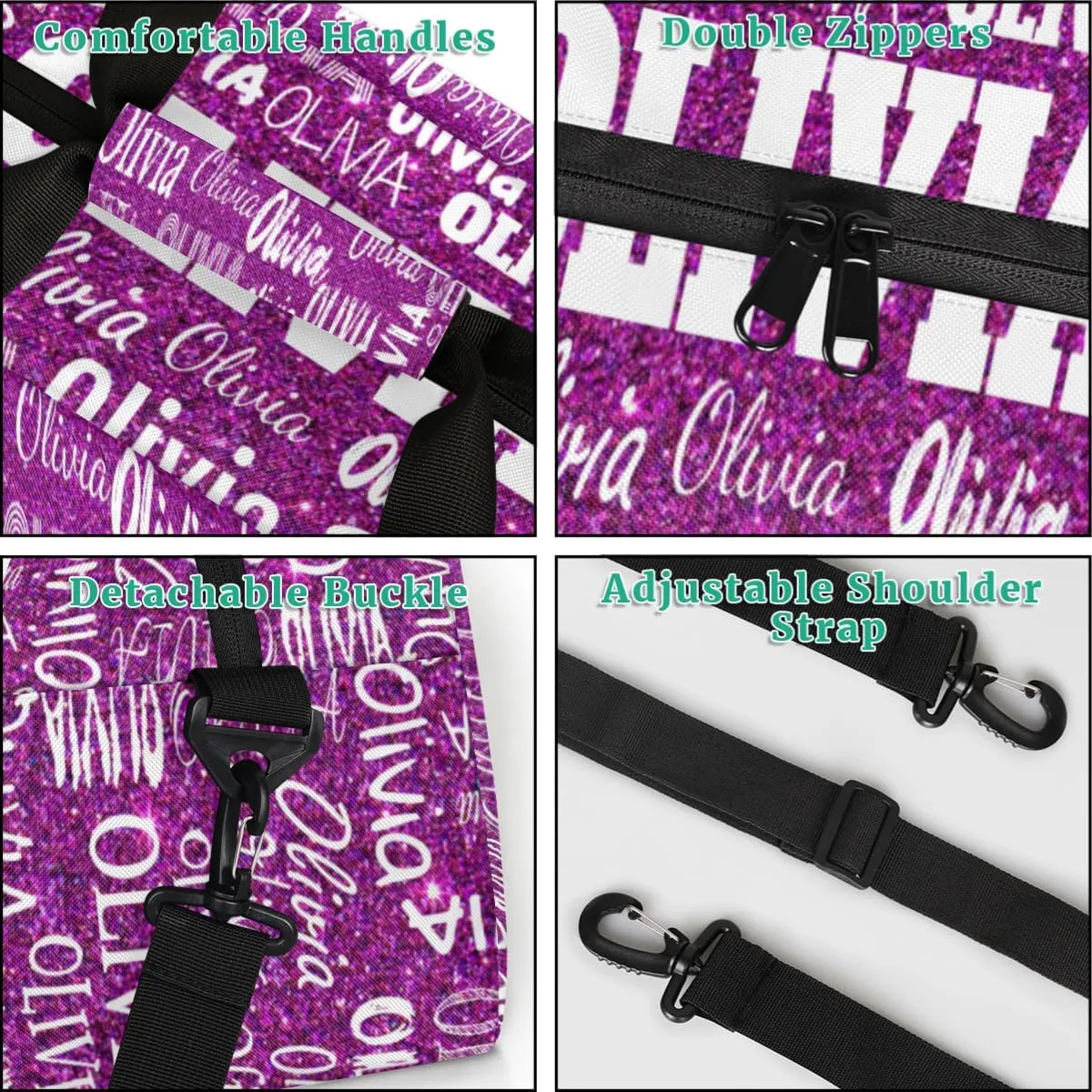Personalized Dance Bags Name Girls, Custom Sports Duffel Weekender Overnight Bag Waterproof Gym Bag for Travel Girls, Dark Purple Glitters