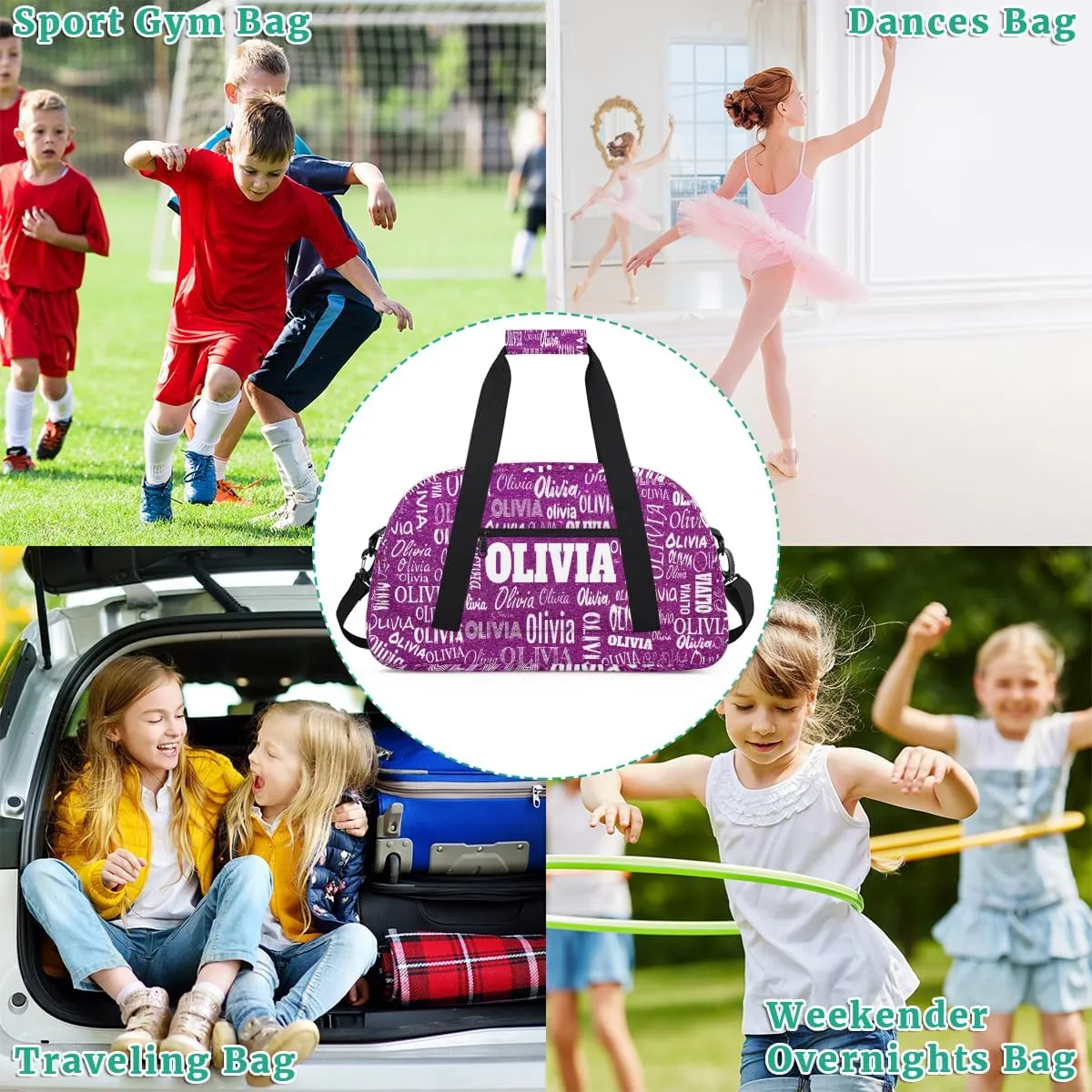 Personalized Dance Bags Name Girls, Custom Sports Duffel Weekender Overnight Bag Waterproof Gym Bag for Travel Girls, Dark Purple Glitters