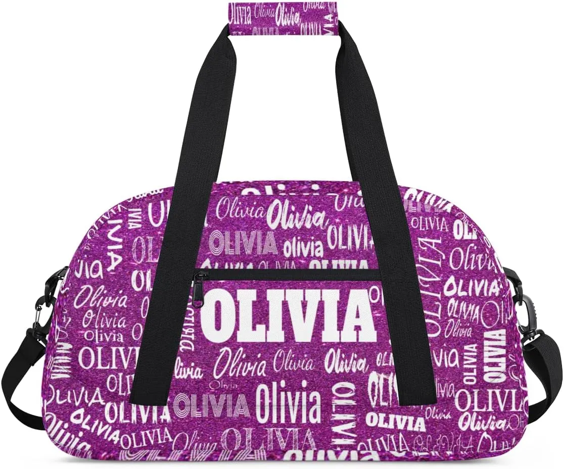 Personalized Dance Bags Name Girls, Custom Sports Duffel Weekender Overnight Bag Waterproof Gym Bag for Travel Girls, Dark Purple Glitters