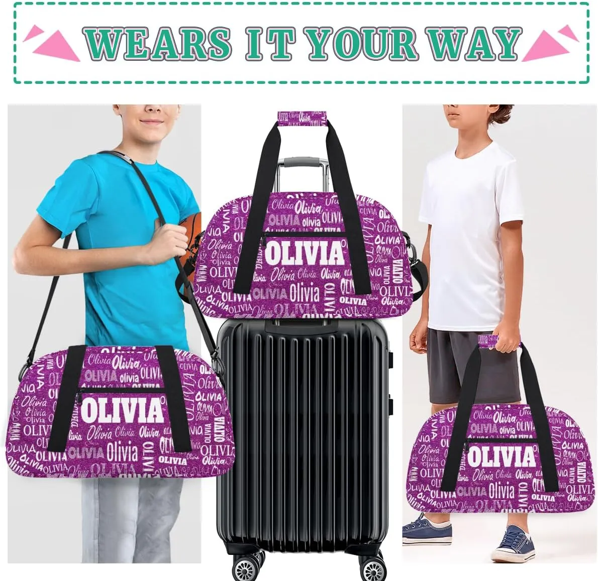 Personalized Dance Bags Name Girls, Custom Sports Duffel Weekender Overnight Bag Waterproof Gym Bag for Travel Girls, Dark Purple Glitters