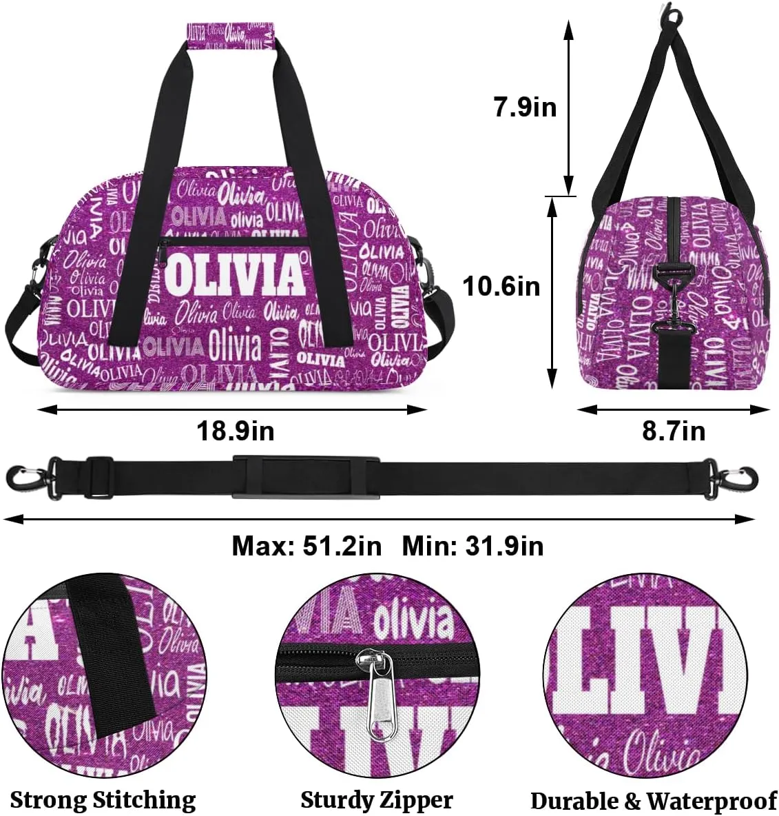 Personalized Dance Bags Name Girls, Custom Sports Duffel Weekender Overnight Bag Waterproof Gym Bag for Travel Girls, Dark Purple Glitters