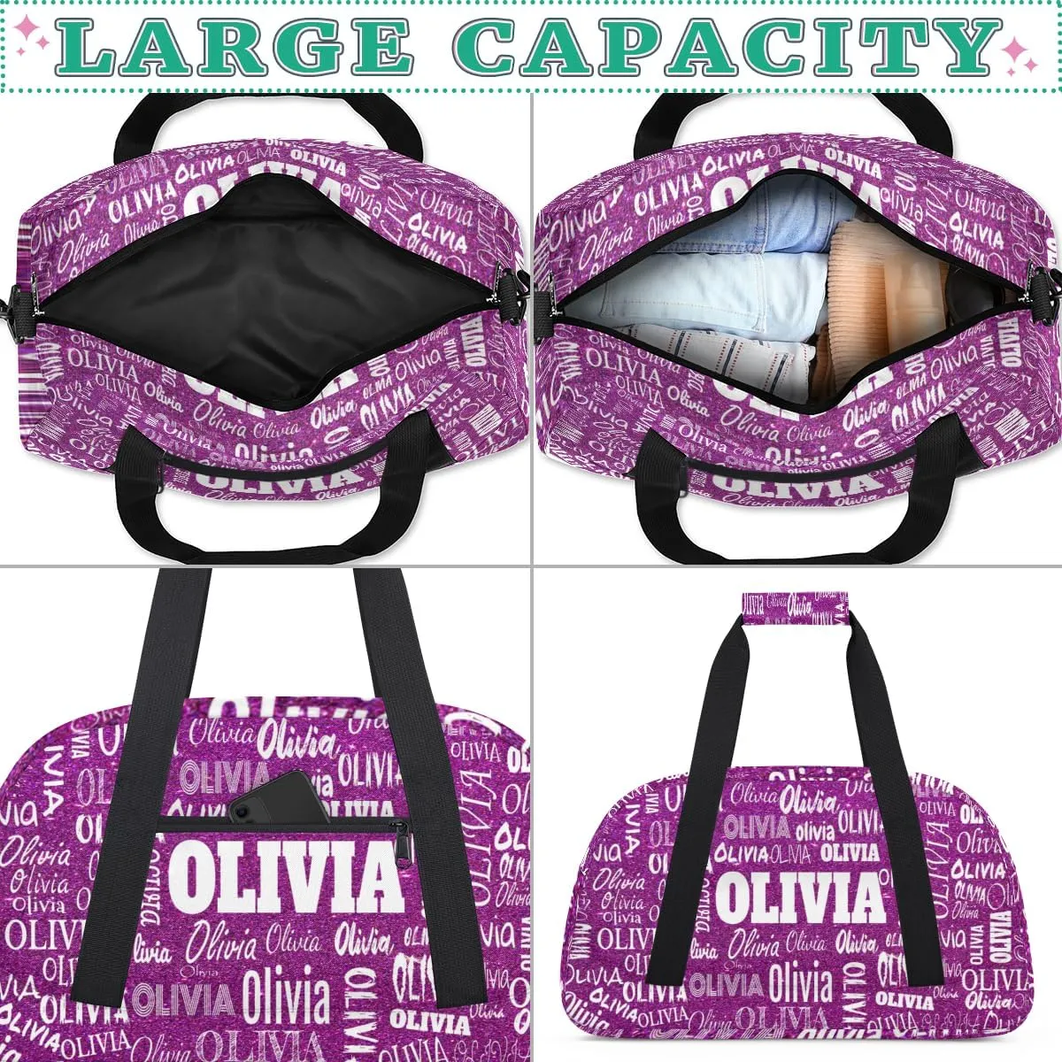 Personalized Dance Bags Name Girls, Custom Sports Duffel Weekender Overnight Bag Waterproof Gym Bag for Travel Girls, Dark Purple Glitters
