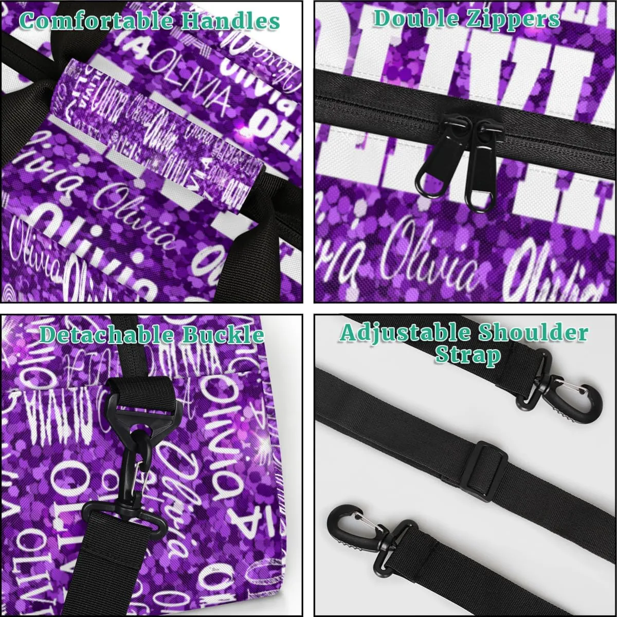 Personalized Dance Duffel Bags Name Girls, Custom Weekender Overnight Sleepover Sports Duffle Bag Waterproof Gym Bag for Travel Girls, Bright Glitters Dark Purple