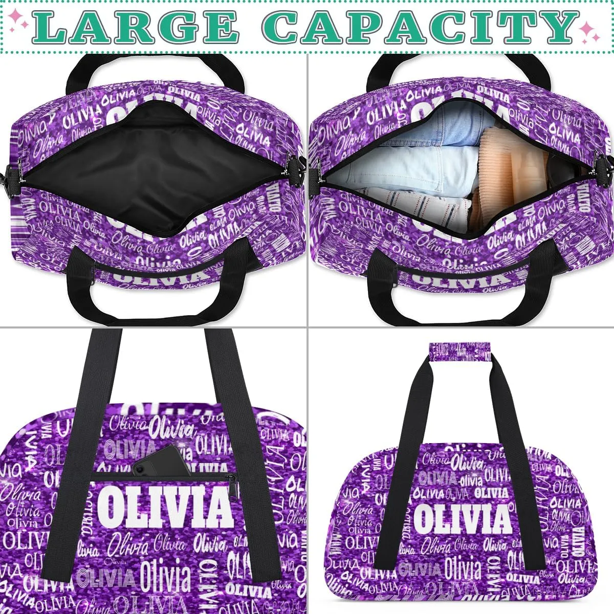 Personalized Dance Duffel Bags Name Girls, Custom Weekender Overnight Sleepover Sports Duffle Bag Waterproof Gym Bag for Travel Girls, Bright Glitters Dark Purple