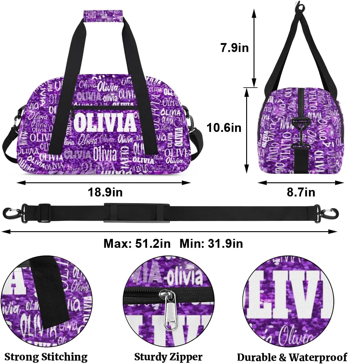 Personalized Dance Duffel Bags Name Girls, Custom Weekender Overnight Sleepover Sports Duffle Bag Waterproof Gym Bag for Travel Girls, Bright Glitters Dark Purple