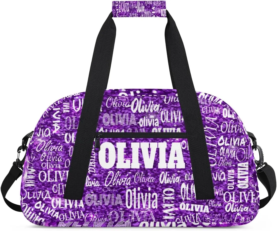 Personalized Dance Duffel Bags Name Girls, Custom Weekender Overnight Sleepover Sports Duffle Bag Waterproof Gym Bag for Travel Girls, Bright Glitters Dark Purple