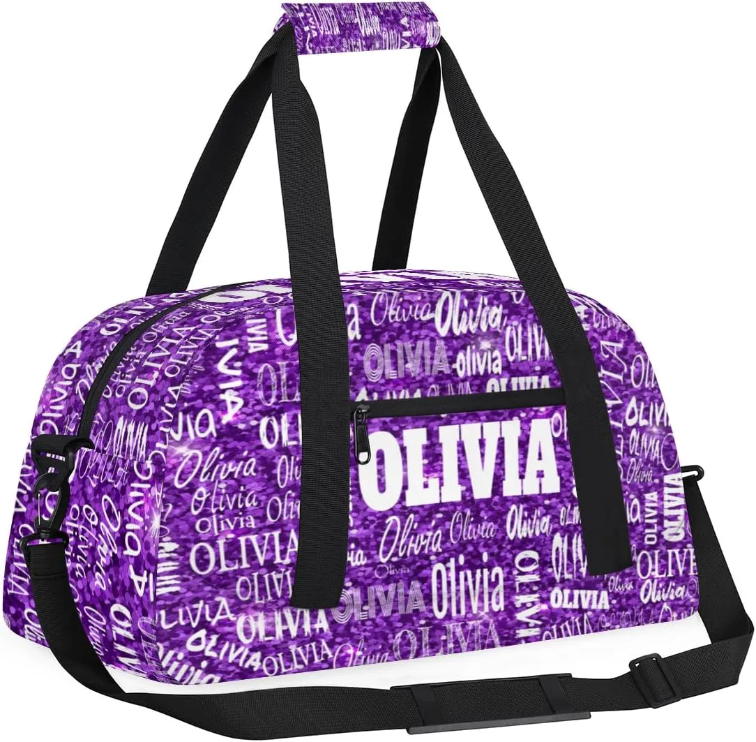 Personalized Dance Duffel Bags Name Girls, Custom Weekender Overnight Sleepover Sports Duffle Bag Waterproof Gym Bag for Travel Girls, Bright Glitters Dark Purple