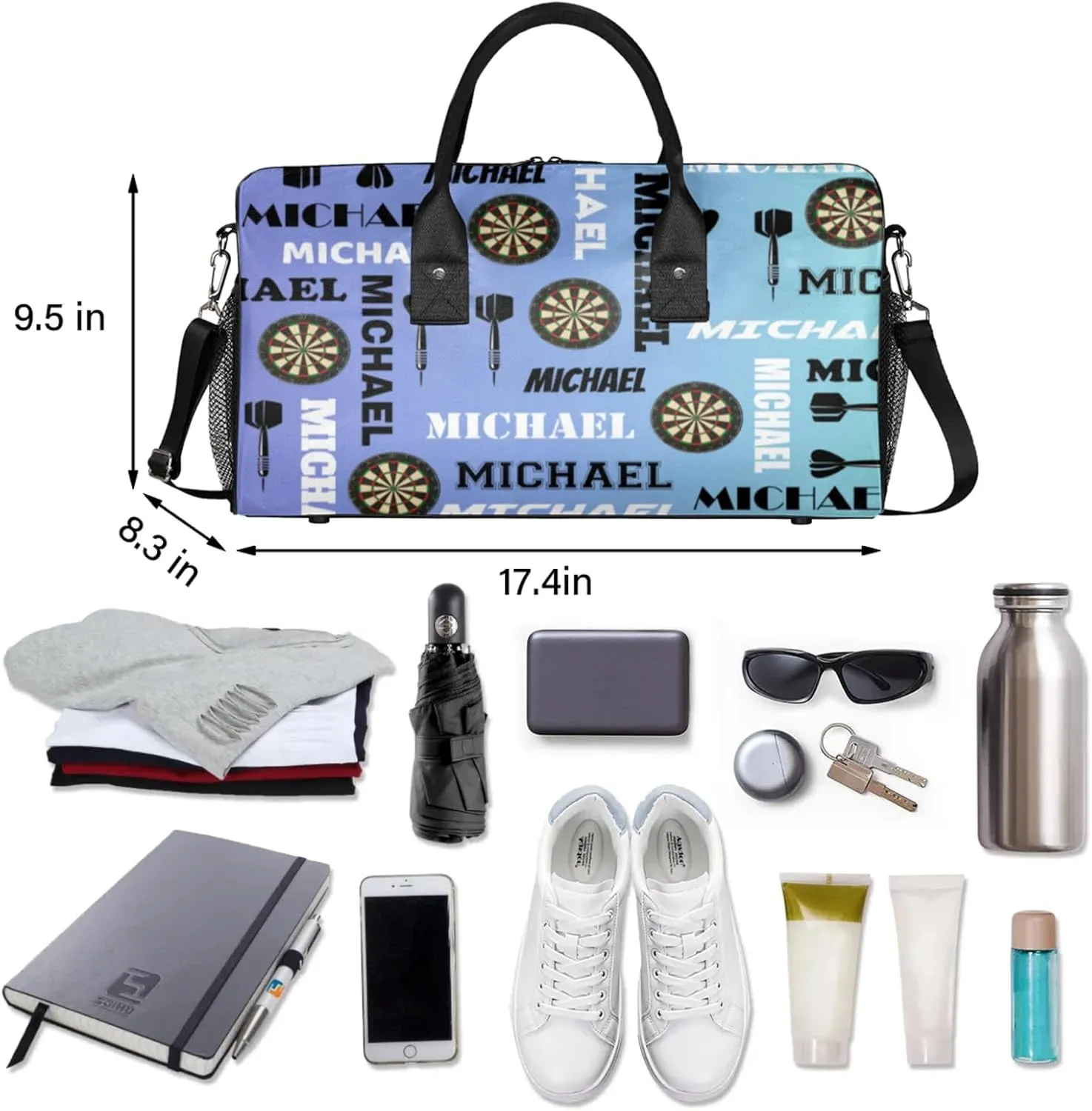 Personalized Darts Sport Duffel Bag with Name, Custom Gym Bag Customized Overnight Weekender Bag for Women Men, Blue Purple