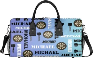 Personalized Darts Sport Duffel Bag with Name, Custom Gym Bag Customized Overnight Weekender Bag for Women Men, Blue Purple