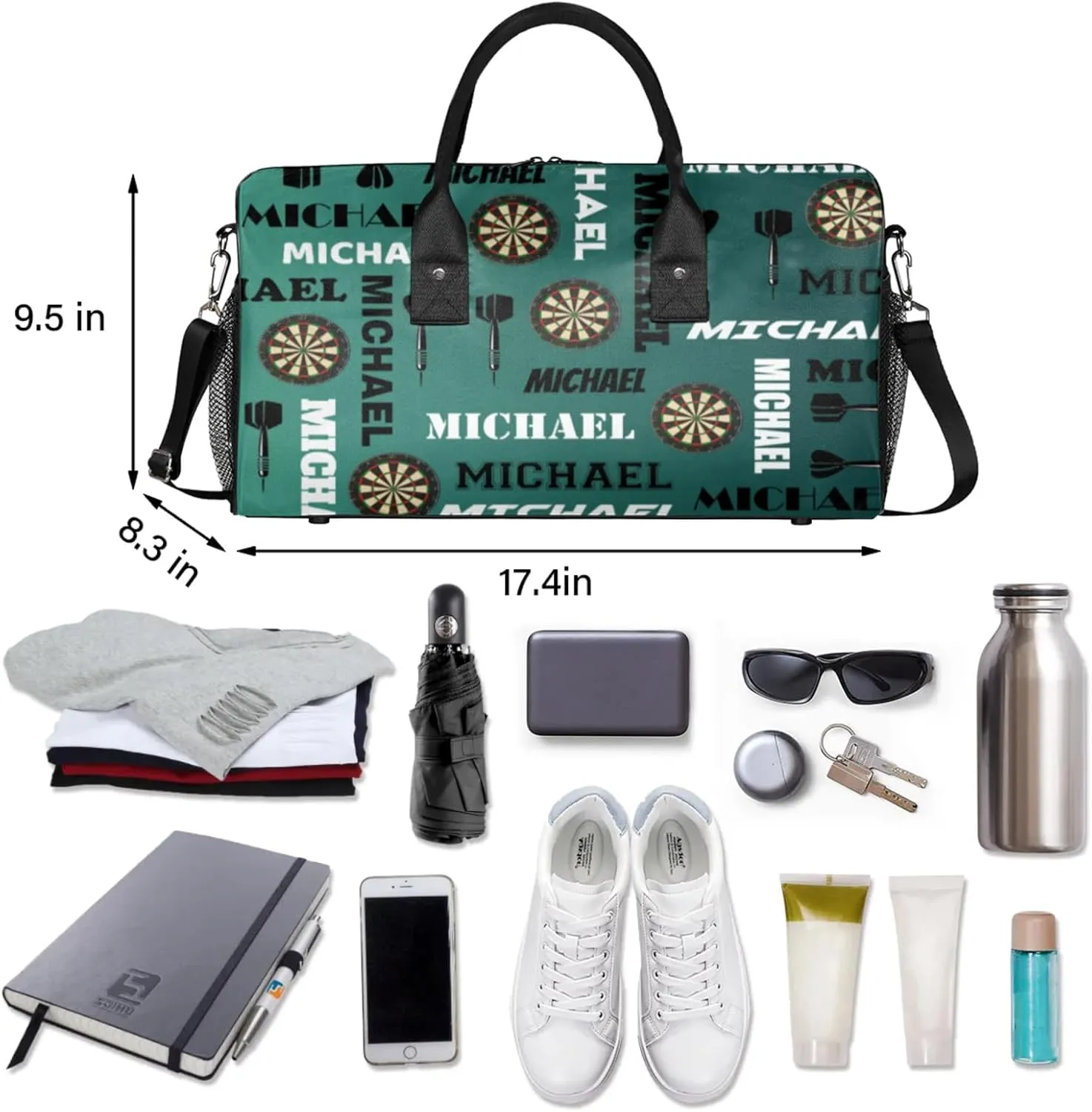Personalized Darts Sport Duffel Bag with Name, Custom Gym Bag Customized Overnight Weekender Bag for Women Men, Dark Green Blue