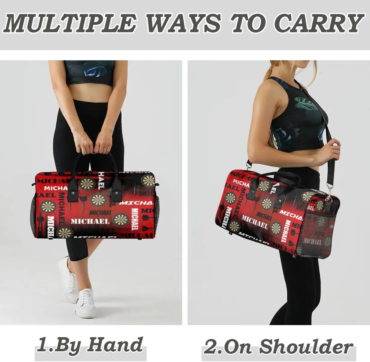 Personalized Darts Sport Duffel Bag with Name, Custom Gym Bag Customized Text Overnight Weekender Bag for Women Men, Black Red