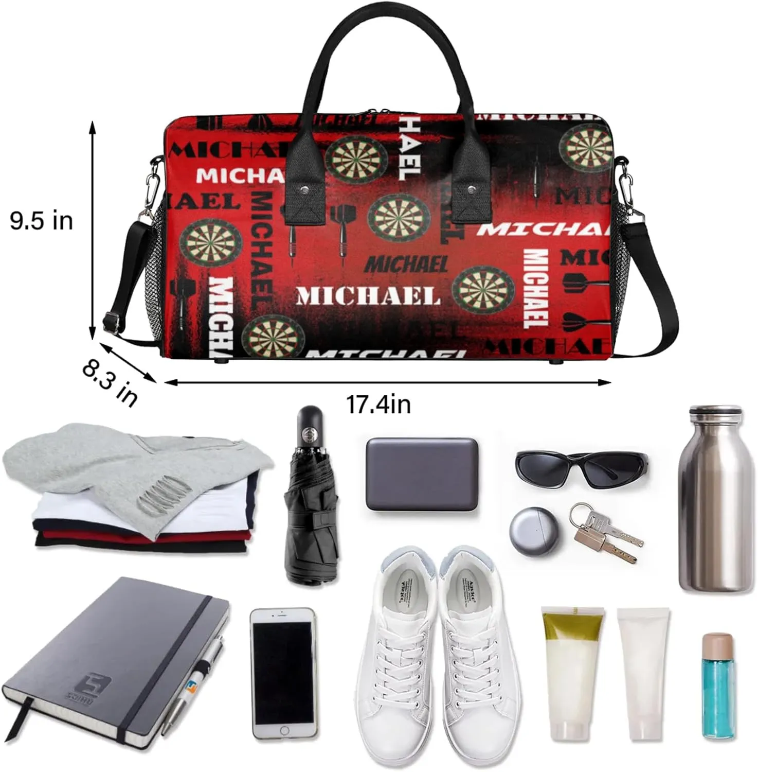 Personalized Darts Sport Duffel Bag with Name, Custom Gym Bag Customized Text Overnight Weekender Bag for Women Men, Black Red