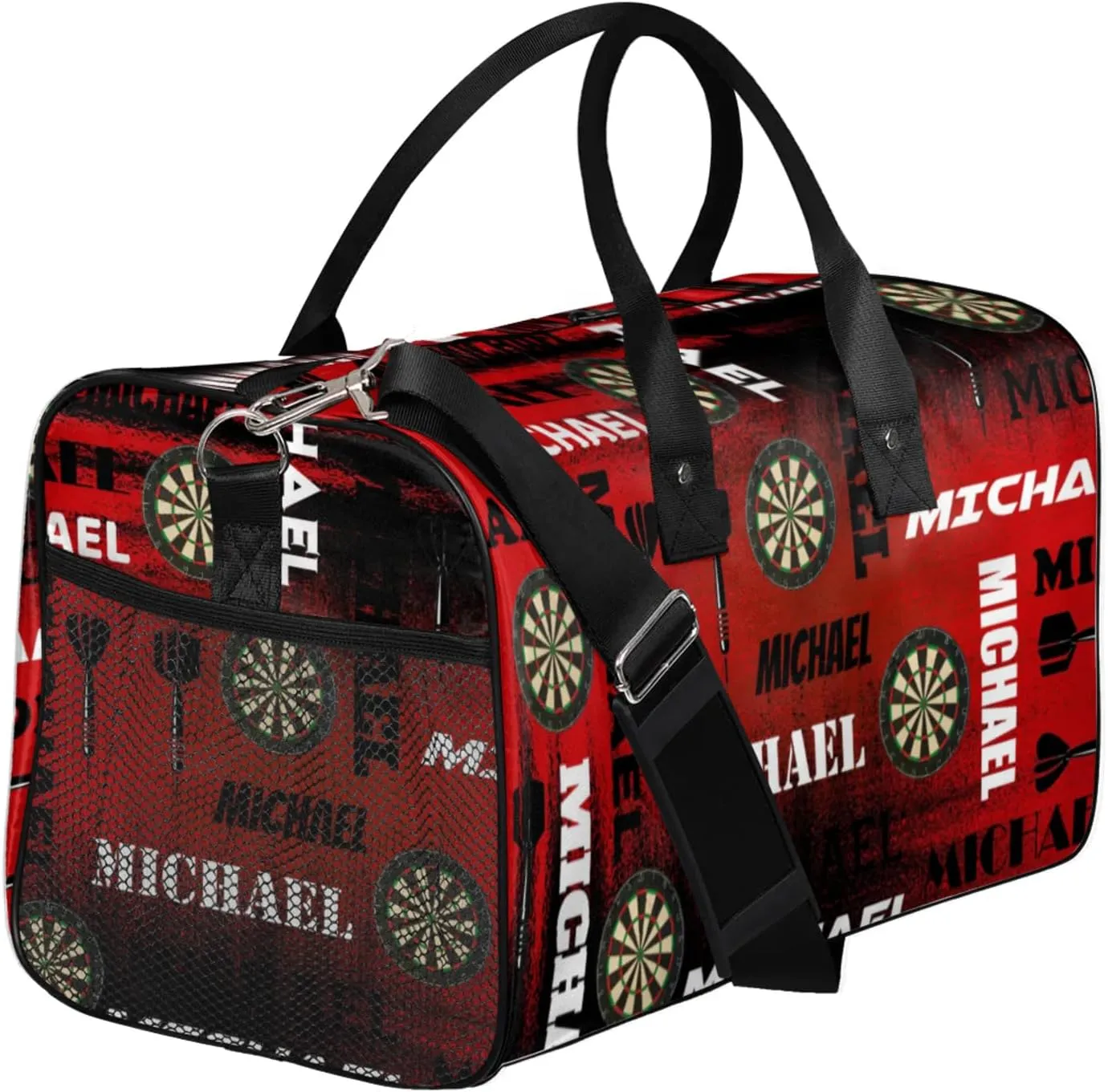Personalized Darts Sport Duffel Bag with Name, Custom Gym Bag Customized Text Overnight Weekender Bag for Women Men, Black Red