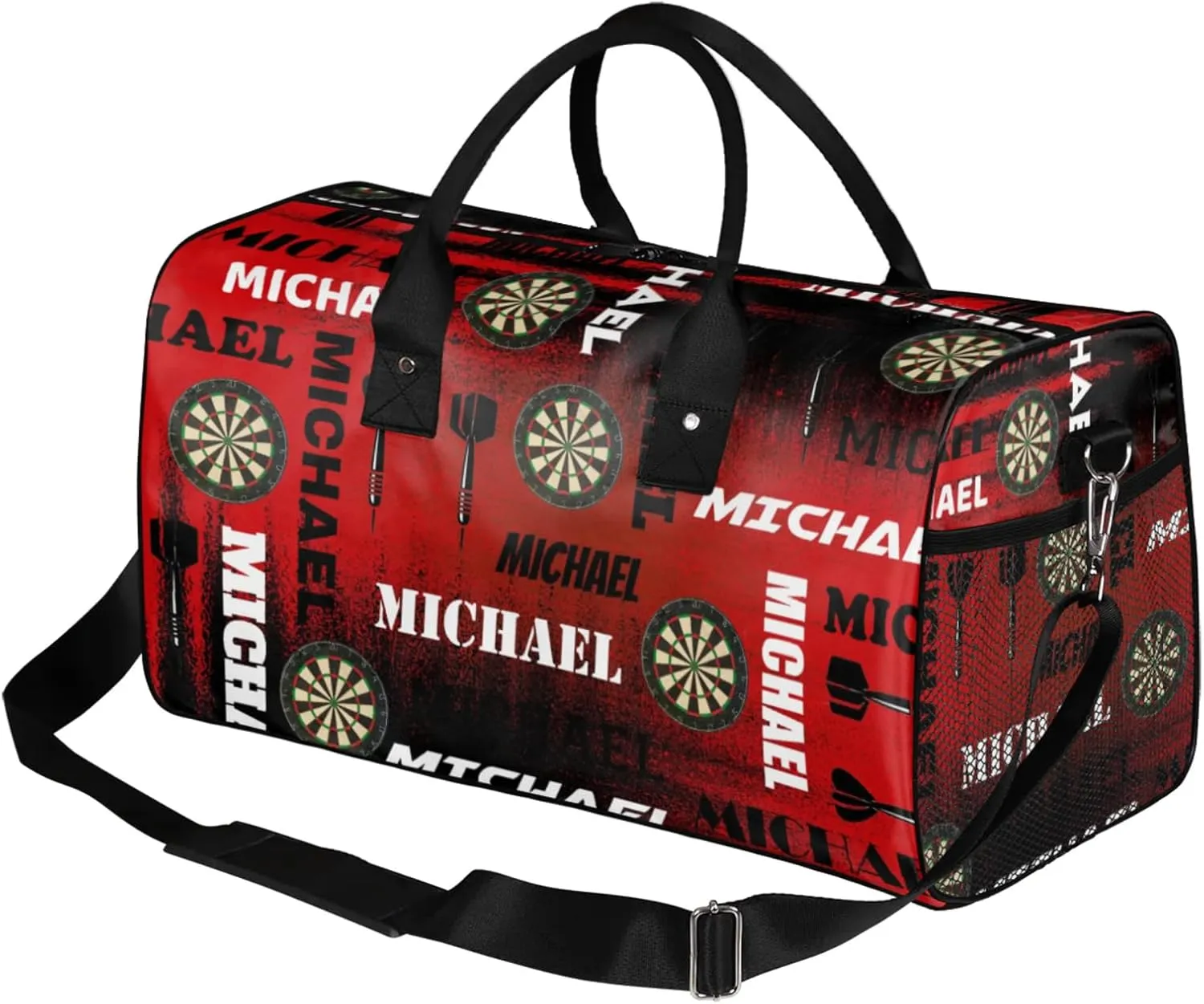 Personalized Darts Sport Duffel Bag with Name, Custom Gym Bag Customized Text Overnight Weekender Bag for Women Men, Black Red