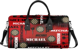 Personalized Darts Sport Duffel Bag with Name, Custom Gym Bag Customized Text Overnight Weekender Bag for Women Men, Black Red